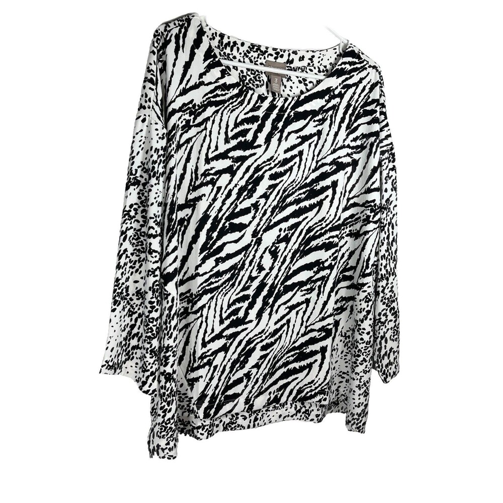 Chicos sz XL 3 Mixed Animal Print Black White 3/4 Sleeve Top